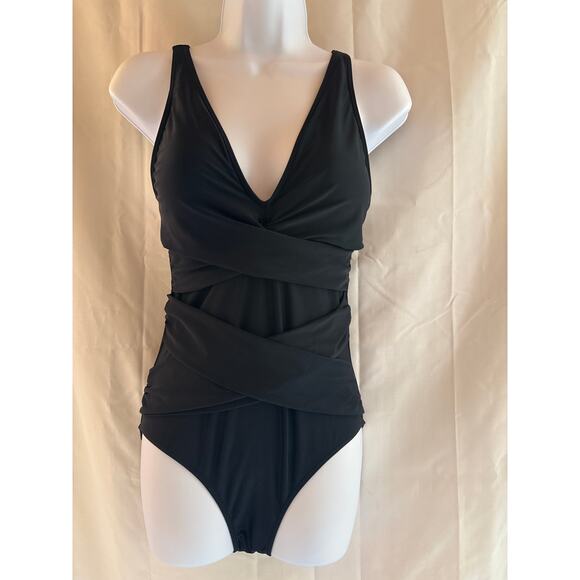 NWOT Black one piece wrap tummy control swimsuit size medium adjustable straps - Picture 1 of 7